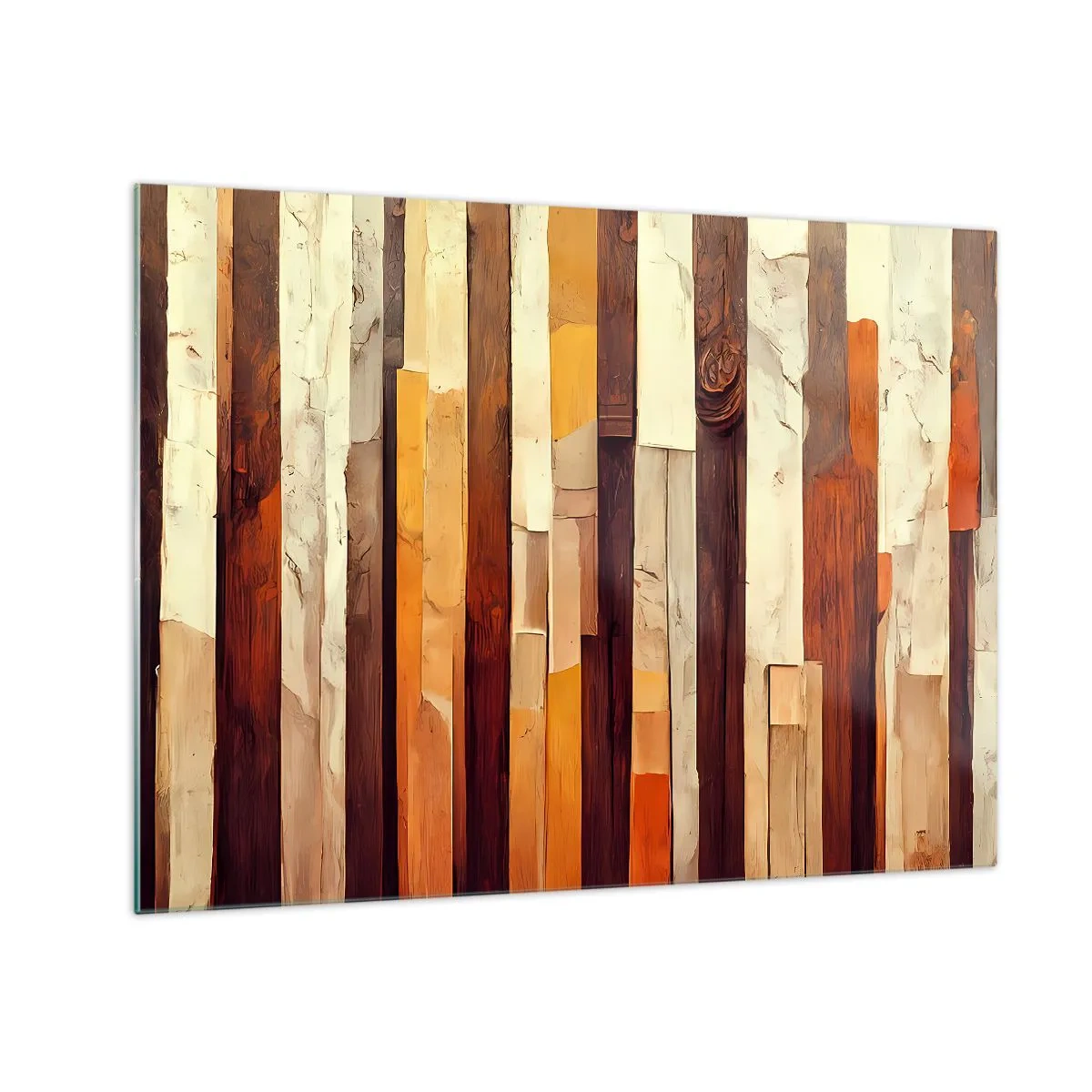 Billede på glas - En komposition af lodrette striber i nuancer af træ og beige - 70x50cm - Hymne af skovens træer - Moderne vægdekoration til stue og soveværelse ARTTOR