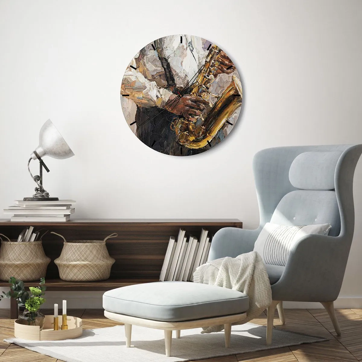 Vægur, Uret - Et kunstnerisk maleri, der forestiller en musiker, der spiller saxofon - 30x30cm - Tid til at gå solo - Moderne vægdekoration til stue, køkken og soveværelse ARTTOR