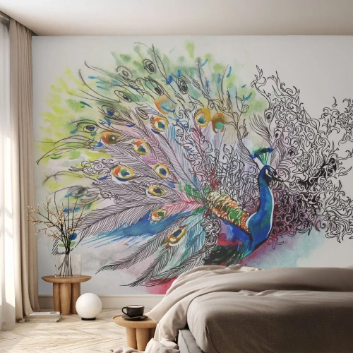 Fototapet Standard Eco - Akvarel illustration af en påfugl med en flot hale - 100x70cm - Med stolthed mod grå  - Moderne vægdekoration til stue og soveværelse ARTTOR