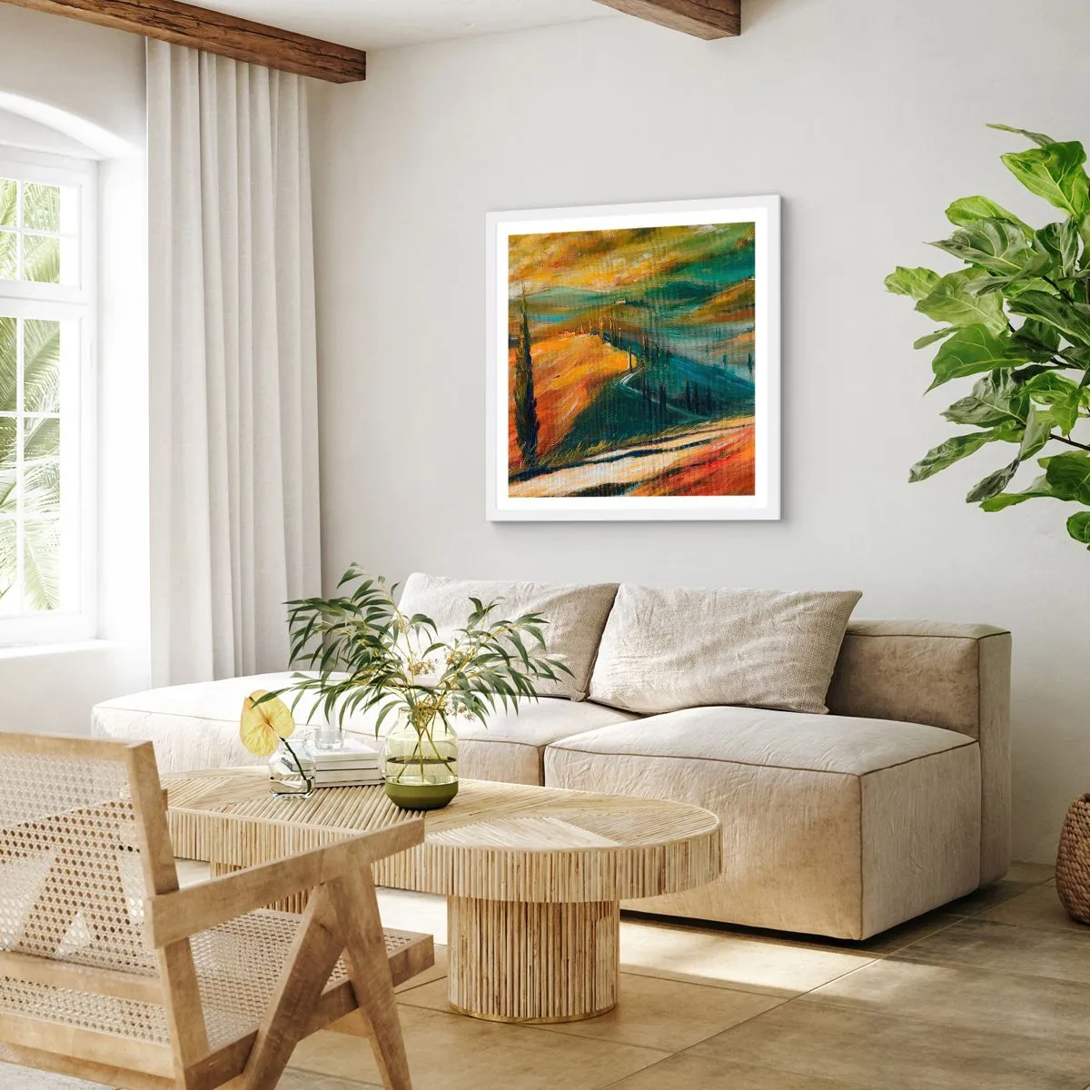 Plakat i hvid ramme - Toscansk landskab - 60x60 cm