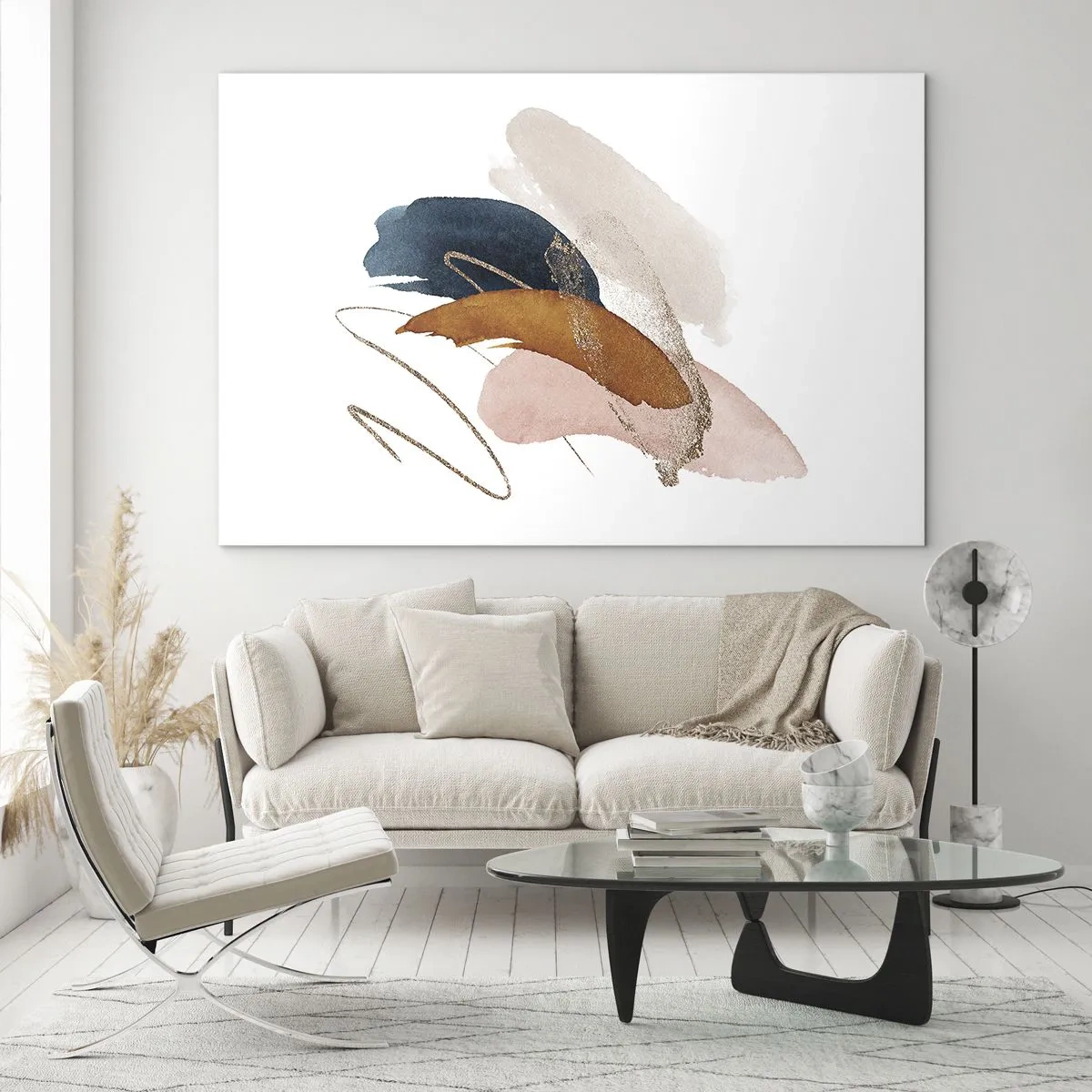 Billede på glas - Abstrakte penselstrøg i dæmpede farver - 70x50cm - Bevinget sammensætning - Moderne vægdekoration til stue og soveværelse ARTTOR