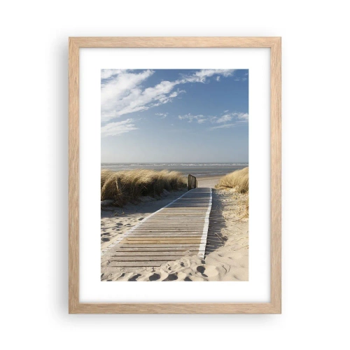 Plakat i ramme af lyst egetræ - Bag klitten, i græssets summen - 30x40 cm