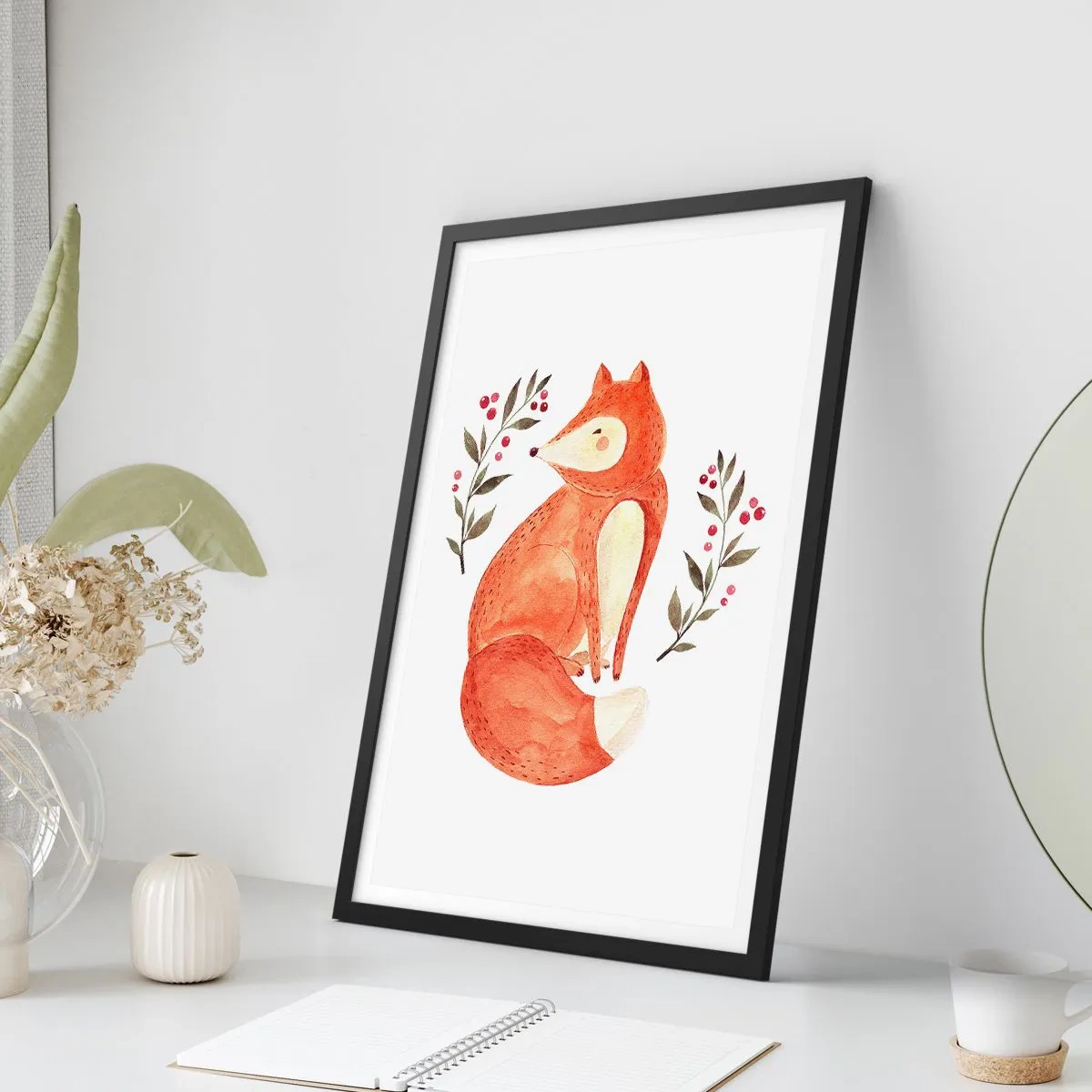 Plakat i sort ramme - Illustration af en ræv omgivet af grene med røde frugter - 50x70cm - Lille rødhåret - Moderne vægdekoration til stue og soveværelse ARTTOR
