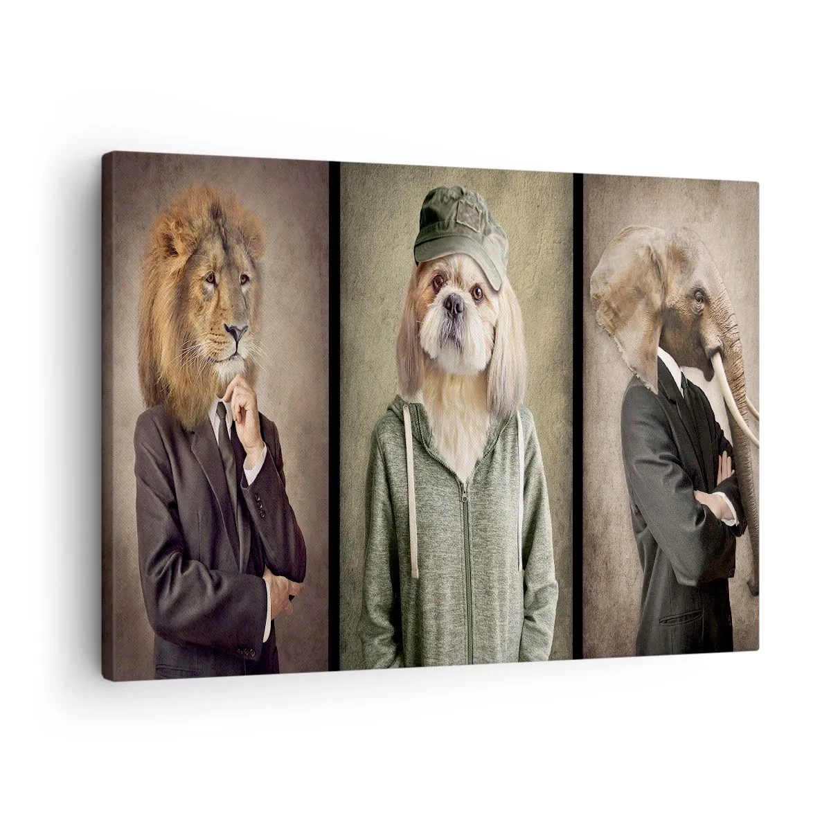 Lærredstryk - Billede på lærred - Stiliserede portrætter af en løve, en hund og en elefant i elegant tøj - 70x50cm - Jeg foretrækker afslappethed - Moderne vægdekoration til stue og soveværelse ARTTOR