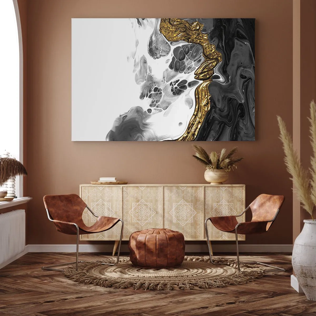 Lærredstryk - Billede på lærred - En abstrakt komposition med accenter af guld og sort. - 70x50cm - Organisk sammensætning - Moderne vægdekoration til stue og soveværelse ARTTOR