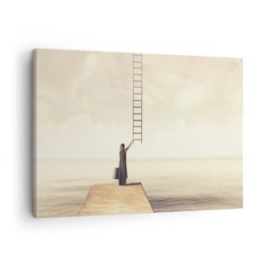 Lærredstryk - Billede på lærred - En kvinde stående på en mole med en stige, der fører op til himlen - 70x50cm - En magisk rejse - Moderne vægdekoration til stue og soveværelse ARTTOR