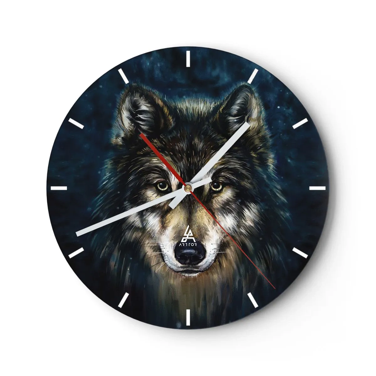 Vægur, Uret - Portræt af en ulv mod en mørkeblå nattehimmel - 30x30cm - Alfa? Og omega - Moderne vægdekoration til stue, køkken og soveværelse ARTTOR
