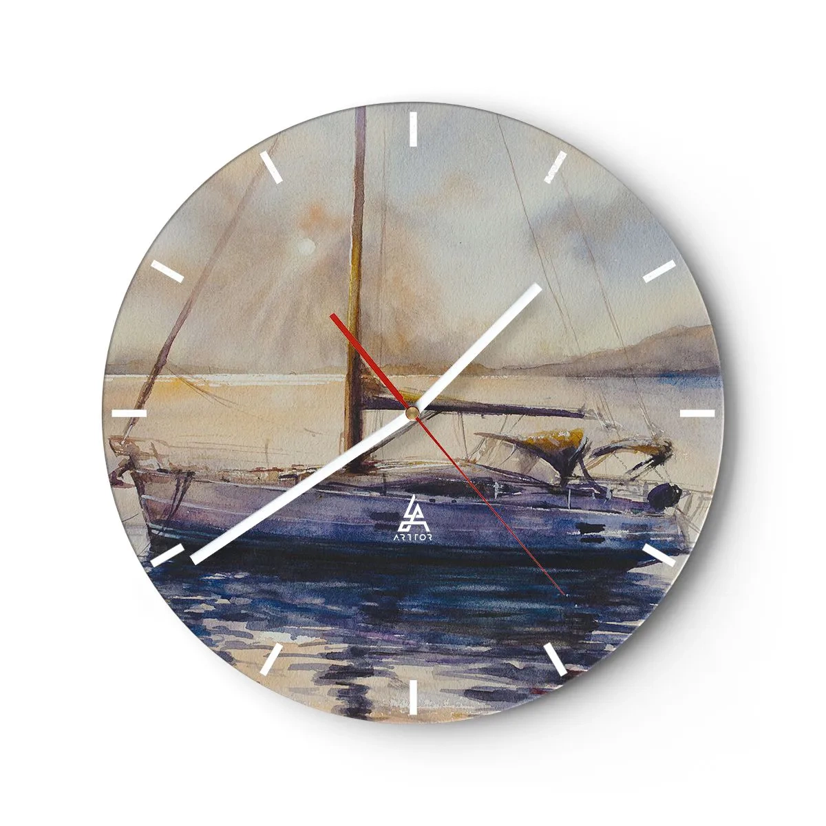 Vægur, Uret - En yacht på vandet ved solnedgang i akvarelstil - 30x30cm - Aften i bugten - Moderne vægdekoration til stue, køkken og soveværelse ARTTOR