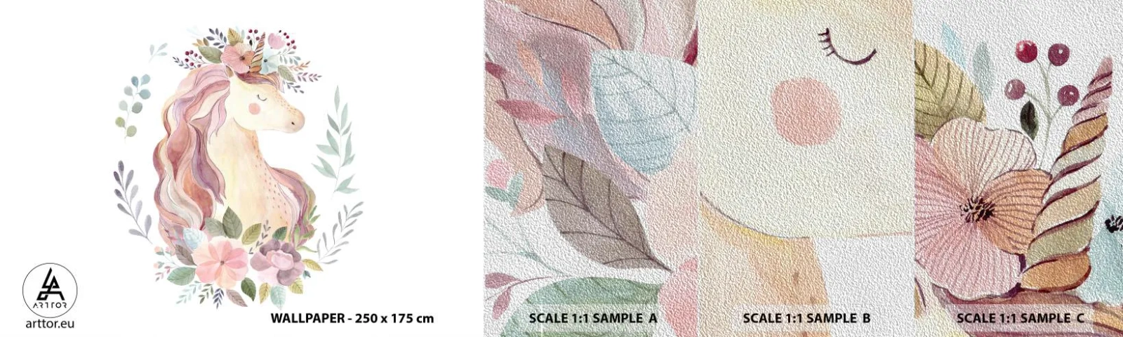 Prøve Fototapet Premium Sand - En invitation til eventyrets verden - enhjørning, Girly, For børn - 100x30 cm