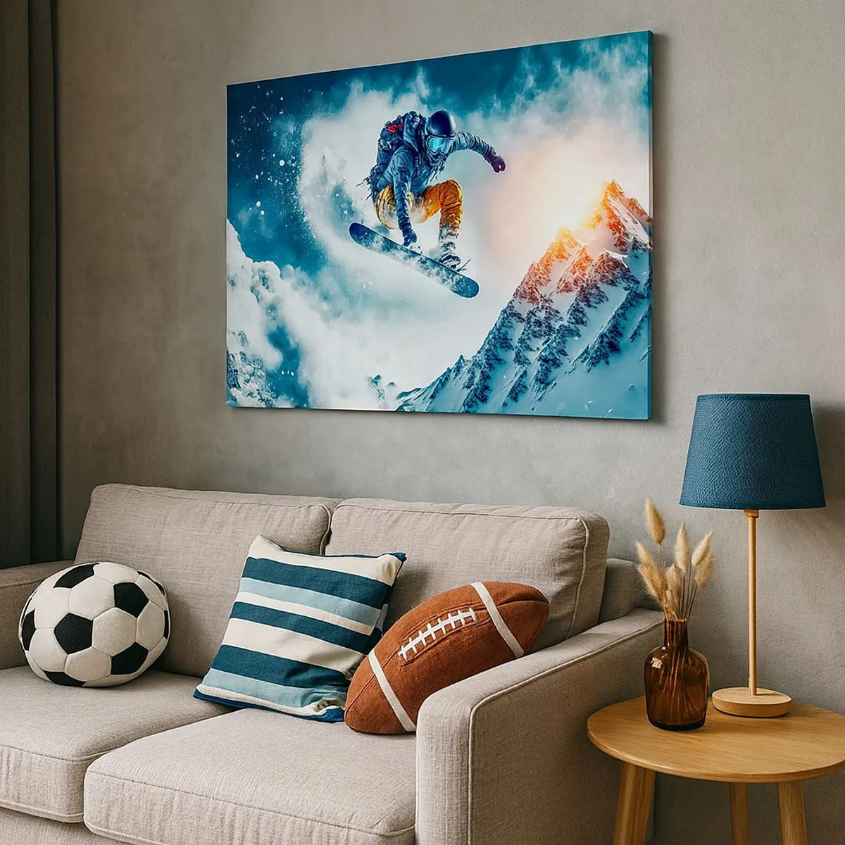 Lærredstryk - Billede på lærred - En snowboarder flyver over snedækkede bjerge - 70x50cm - Ekstreme følelser - Moderne vægdekoration til stue og soveværelse ARTTOR