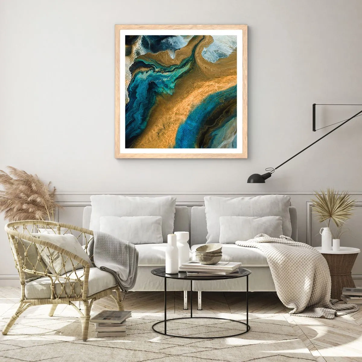 Plakat i ramme af lyst egetræ - Blå - gul - gensidig indflydelse - 50x50 cm