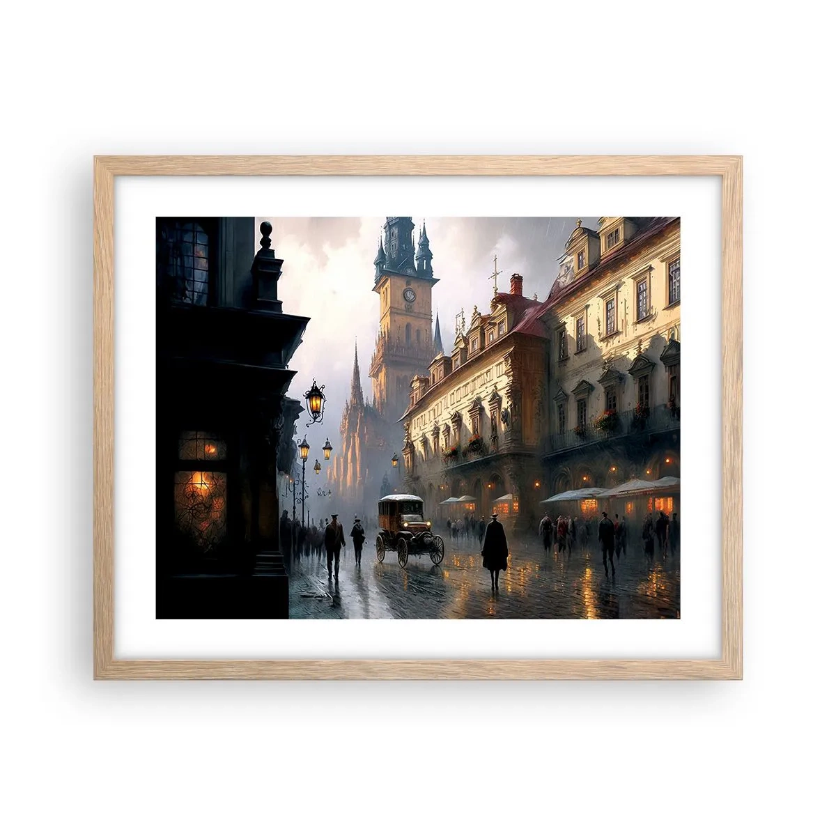 Plakat i ramme af lyst egetræ - Magien i en aften i Prag - 50x40 cm