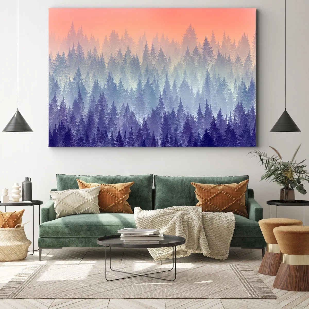 Lærredstryk - Billede på lærred - En tåget skov i lilla og orange nuancer - 70x50cm - Højt, højere, til himlen - Moderne vægdekoration til stue og soveværelse ARTTOR