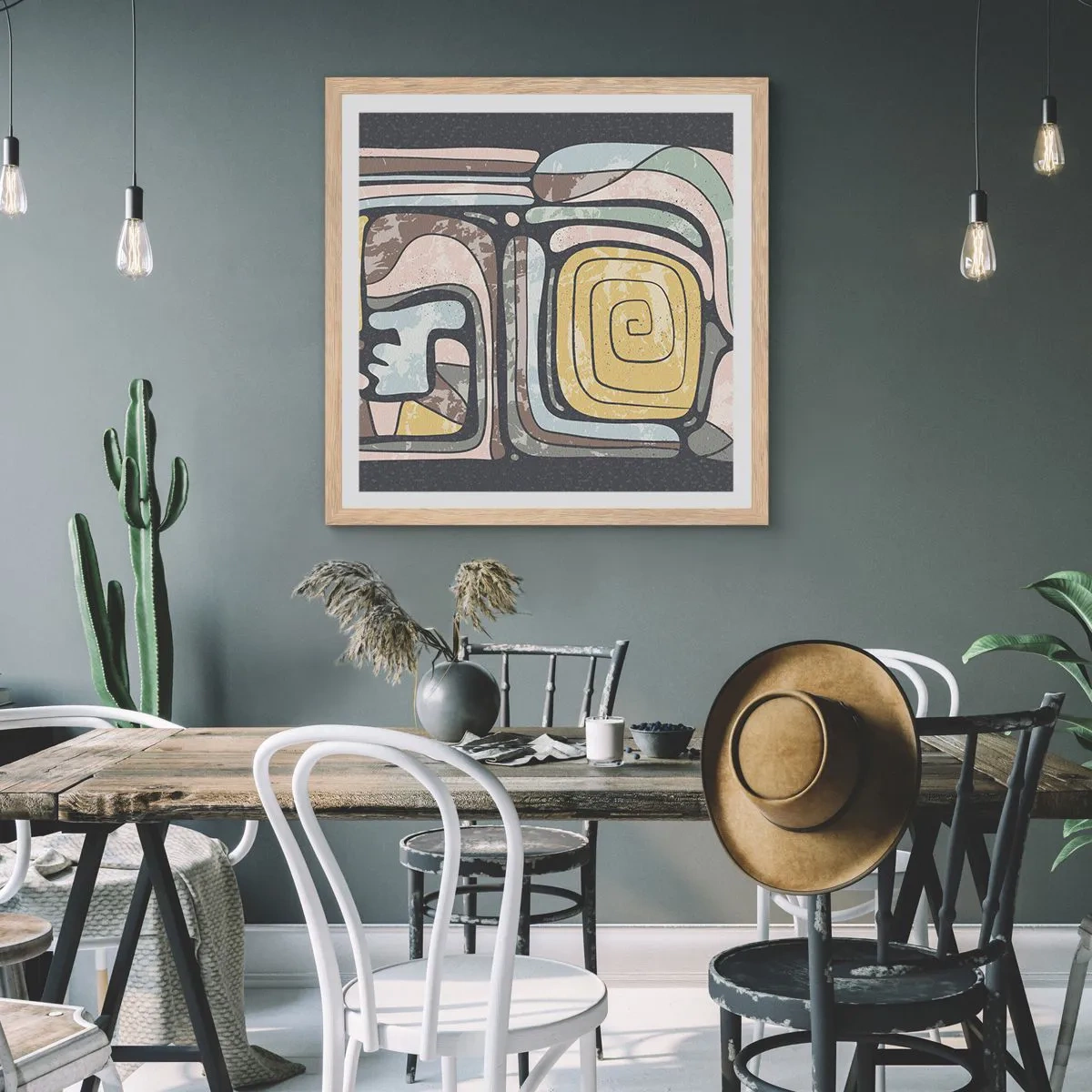 Plakat i ramme af lyst egetræ - Abstraktion i en præcolumbiansk ånd - 60x60 cm