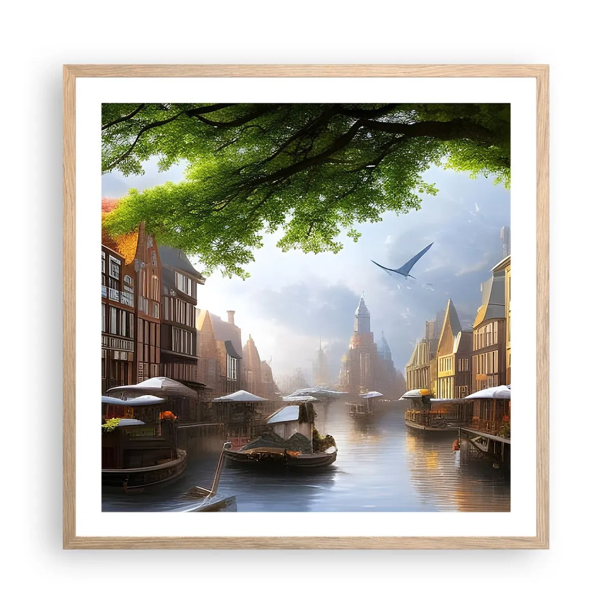 Plakat i ramme af lyst egetræ - Hollandsk bybillede - 60x60 cm