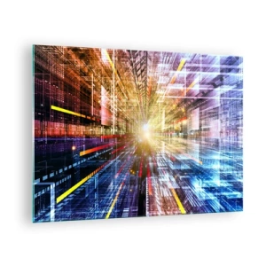 Billede på glas - Abstrakt vision med farvede linjer og lys - 70x50cm - Lysende korridor - Moderne vægdekoration til stue og soveværelse ARTTOR