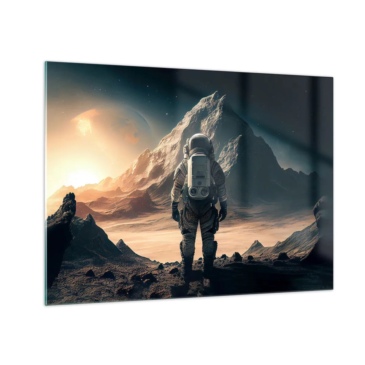 Billede på glas - Astronaut på en fremmed planet med et bjergrigt landskab - 70x50cm - En ny udfordring - Moderne vægdekoration til stue og soveværelse ARTTOR
