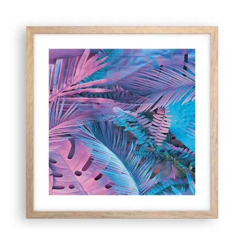 Plakat i ramme af lyst egetræ - Troperne i lyserød og blå - 40x40 cm