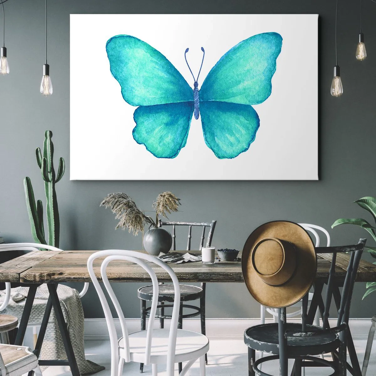 Lærredstryk - Billede på lærred - Blå sommerfugl i akvarelstil på hvid baggrund - 70x50cm - Turkis af natur - Moderne vægdekoration til stue og soveværelse ARTTOR