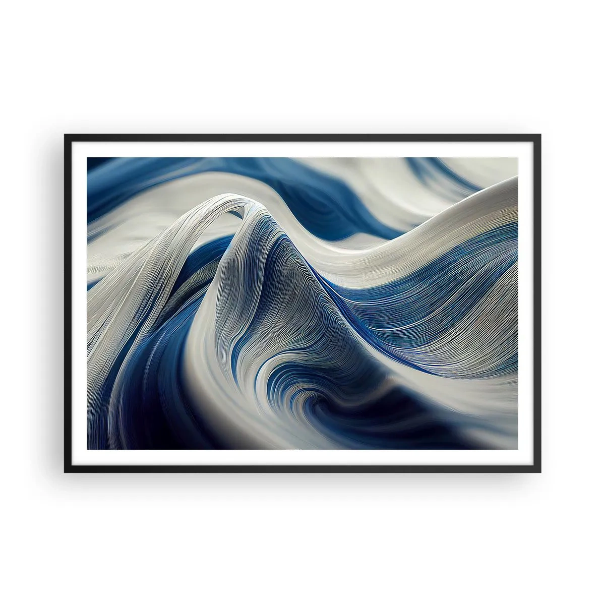 Plakat i sort ramme - Flydende blå og hvide farver - 100x70 cm