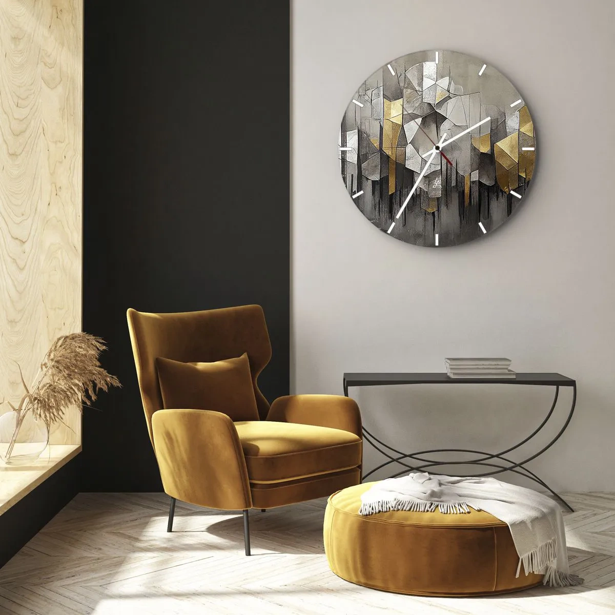 Vægur, Uret - Geometrisk struktur med nuancer af grå og guld - 30x30cm - Komposition lavet af is og lys - Moderne vægdekoration til stue, køkken og soveværelse ARTTOR
