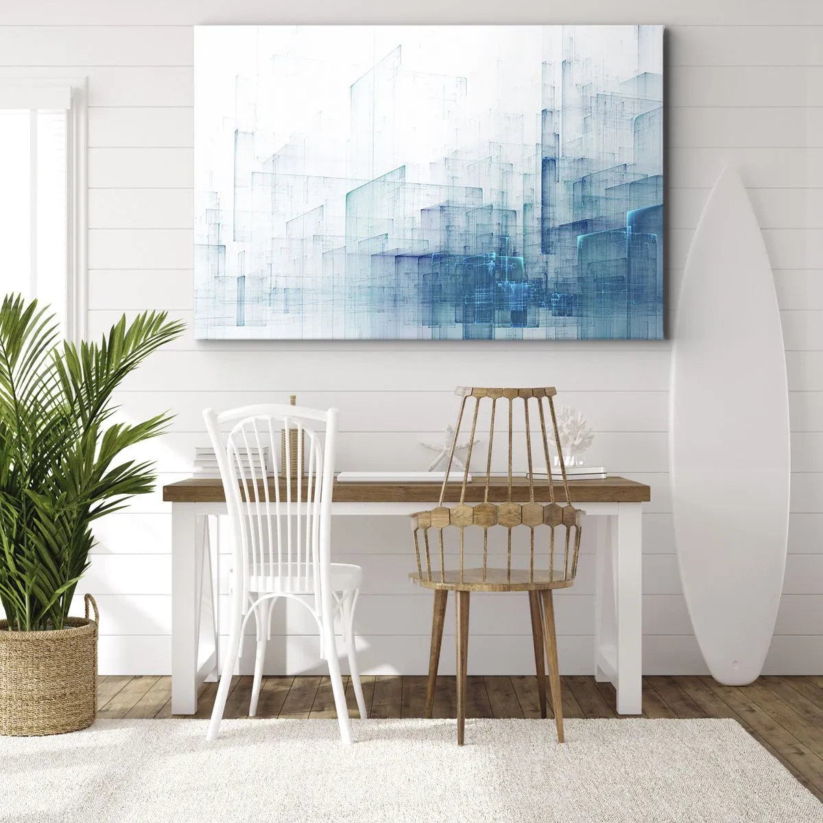 Lærredstryk - Billede på lærred - Abstrakte geometriske former i blå nuancer - 70x50cm - Hvordan rummet blev til - Moderne vægdekoration til stue og soveværelse ARTTOR