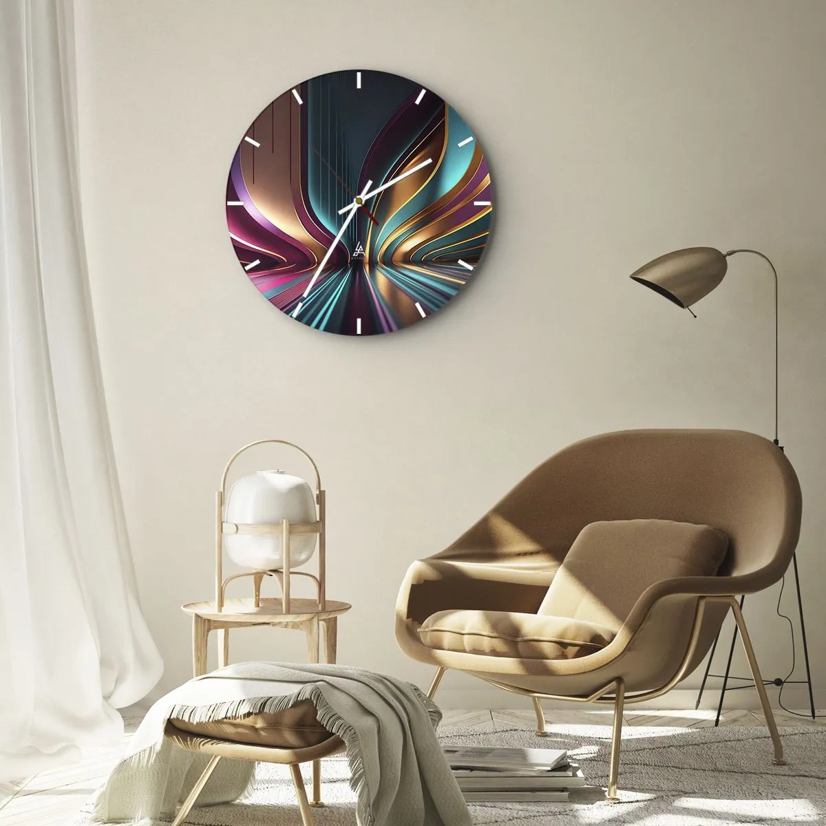 Vægur, Uret - Futuristiske lyslinjer i guld, turkis og lilla - 30x30cm - Lysets arkitektur - Moderne vægdekoration til stue, køkken og soveværelse ARTTOR