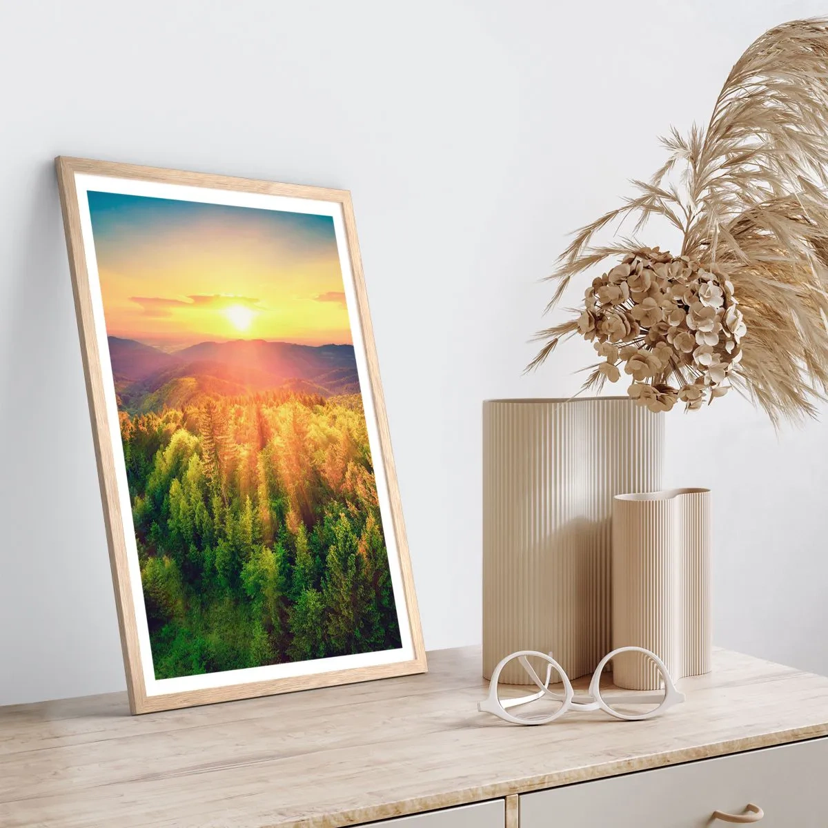 Plakat i ramme af lyst egetræ - Toppe og bjergtoppe - 70x100 cm