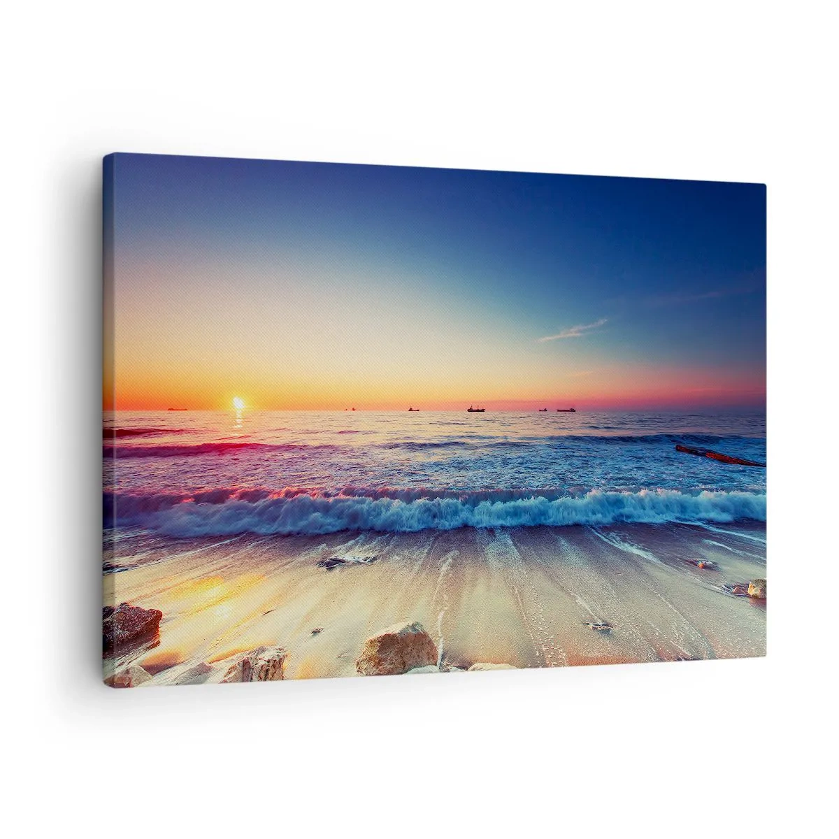 Lærredstryk - Billede på lærred - Solnedgang over et roligt hav med bølger - 70x50cm - Og hvad er der bag horisonten? - Moderne vægdekoration til stue og soveværelse ARTTOR
