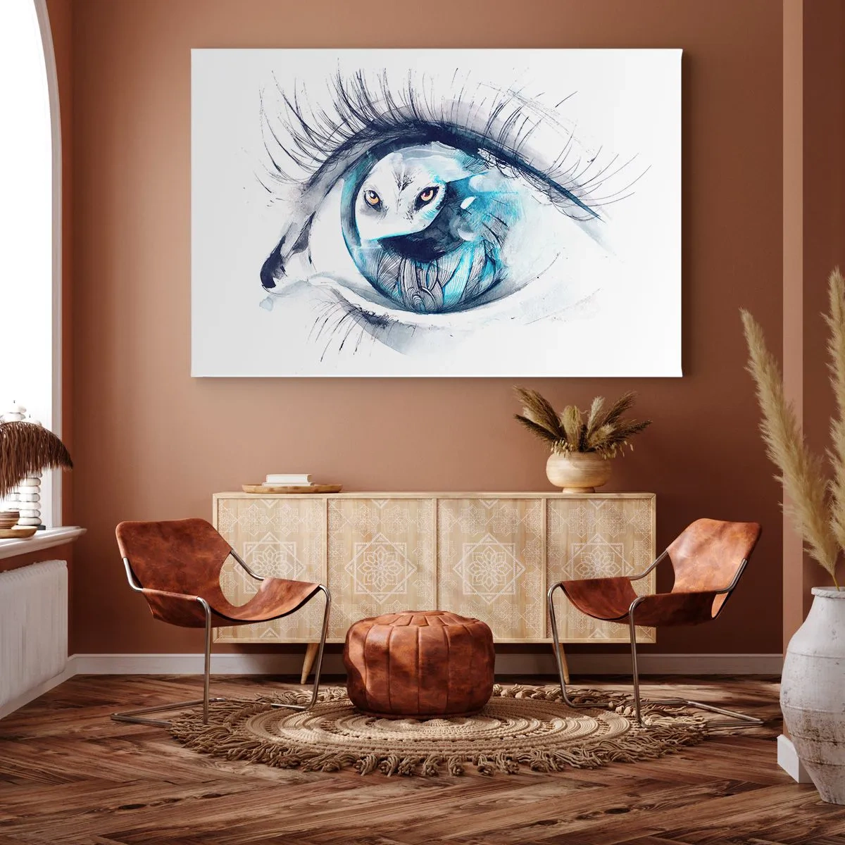 Lærredstryk - Billede på lærred - Et øje med et billede af en ugle i akvarelblå nuancer - 70x50cm - Øje mod øje med vildskab - Moderne vægdekoration til stue og soveværelse ARTTOR