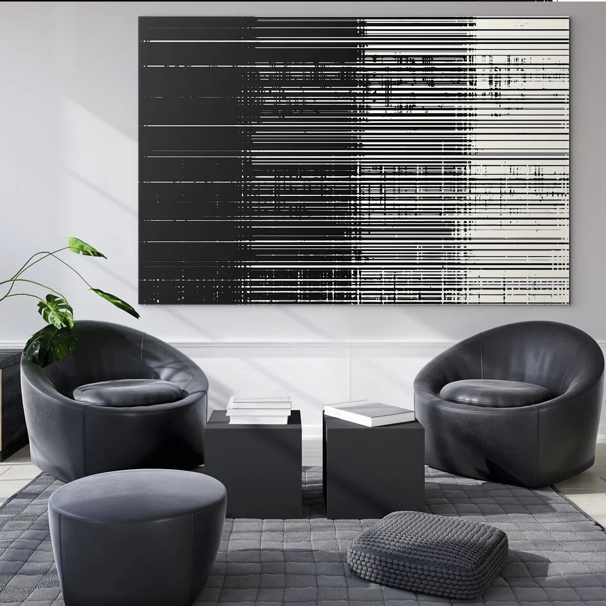 Billede på glas - Sort-hvid abstraktion med vandrette linjer, der skaber en gradient - 70x50cm - Bølger og vibrationer - Moderne vægdekoration til stue og soveværelse ARTTOR