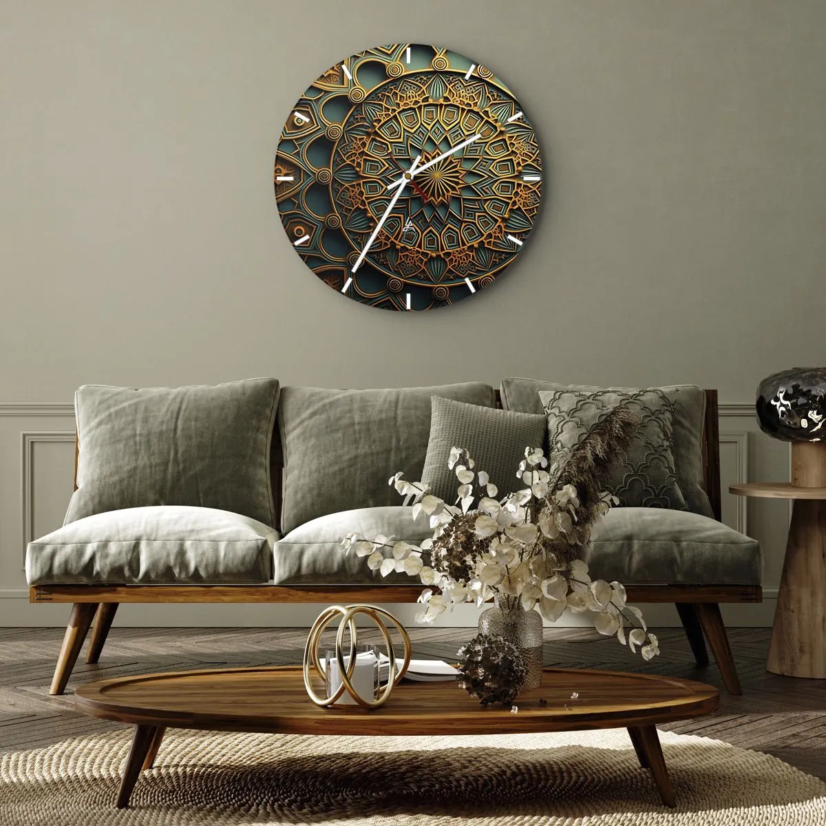 Vægur, Uret - Guld- og turkis mosaik i arabisk stil med geometrisk mønster - 30x30cm - I et arabisk klima - Moderne vægdekoration til stue, køkken og soveværelse ARTTOR