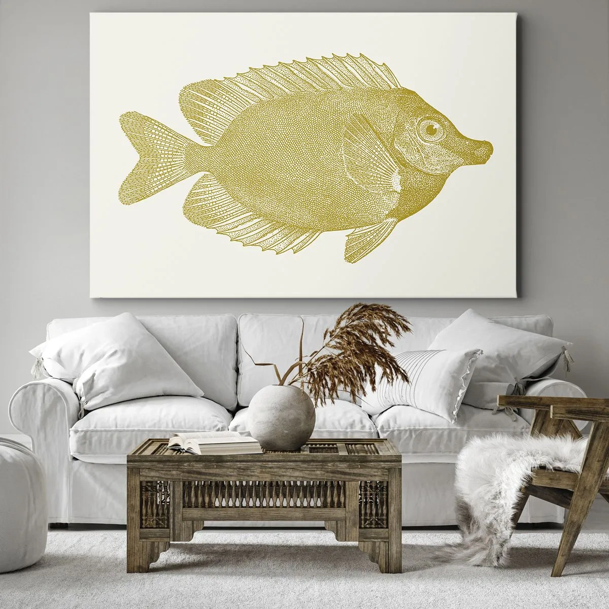 Lærredstryk - Billede på lærred - Vintage guldfisk på en lys baggrund - 70x50cm - Fisk og det er det - Moderne vægdekoration til stue og soveværelse ARTTOR