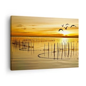 Lærredstryk - Billede på lærred - Solnedgang over vandet med fugle i flugt - 70x50cm - I fiskeriet - Moderne vægdekoration til stue og soveværelse ARTTOR