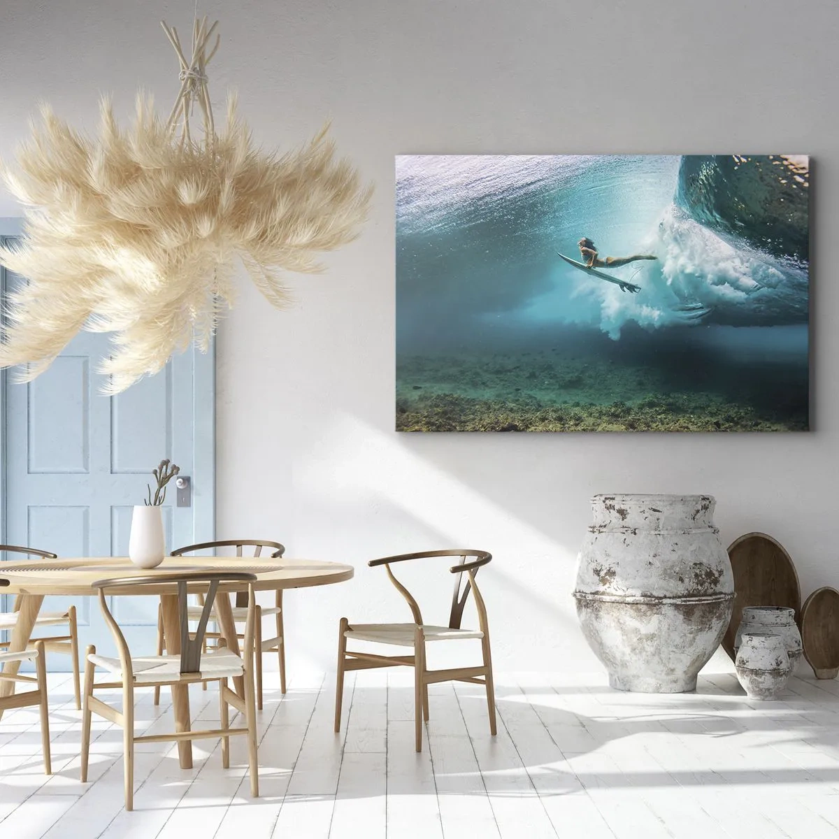 Lærredstryk - Billede på lærred - Surfer under en bølge i det blå havvand - 70x50cm - Undervandsverden - Moderne vægdekoration til stue og soveværelse ARTTOR