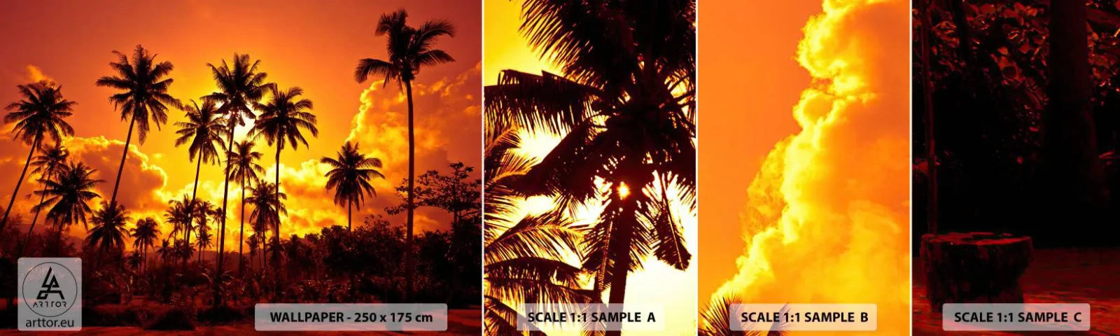 Fototapet Prøve Standard Eco - Bjerge brænder, skove brænder - Palmer, Troperne, Sol - 100x30 cm