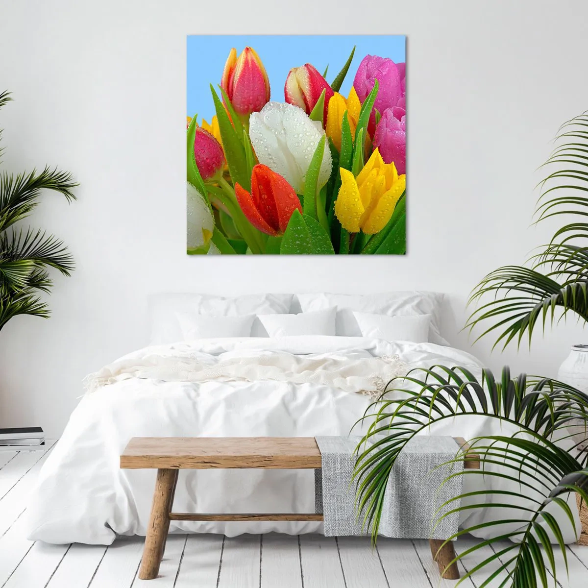 Lærredstryk - Billede på lærred - En blomstret regnbue i dugdråber - 60x60 cm