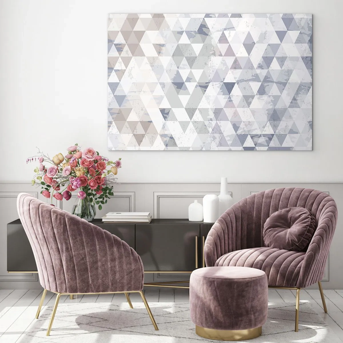 Billede på glas - Geometrisk trekantmønster i neutrale grå og beige nuancer - 70x50cm - I takt på tre - Moderne vægdekoration til stue og soveværelse ARTTOR