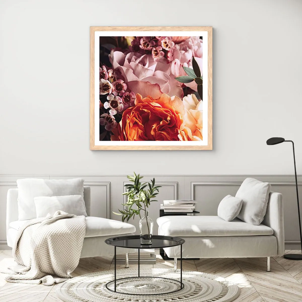 Plakat i ramme af lyst egetræ - Indhyllet i skønhed - 30x30 cm