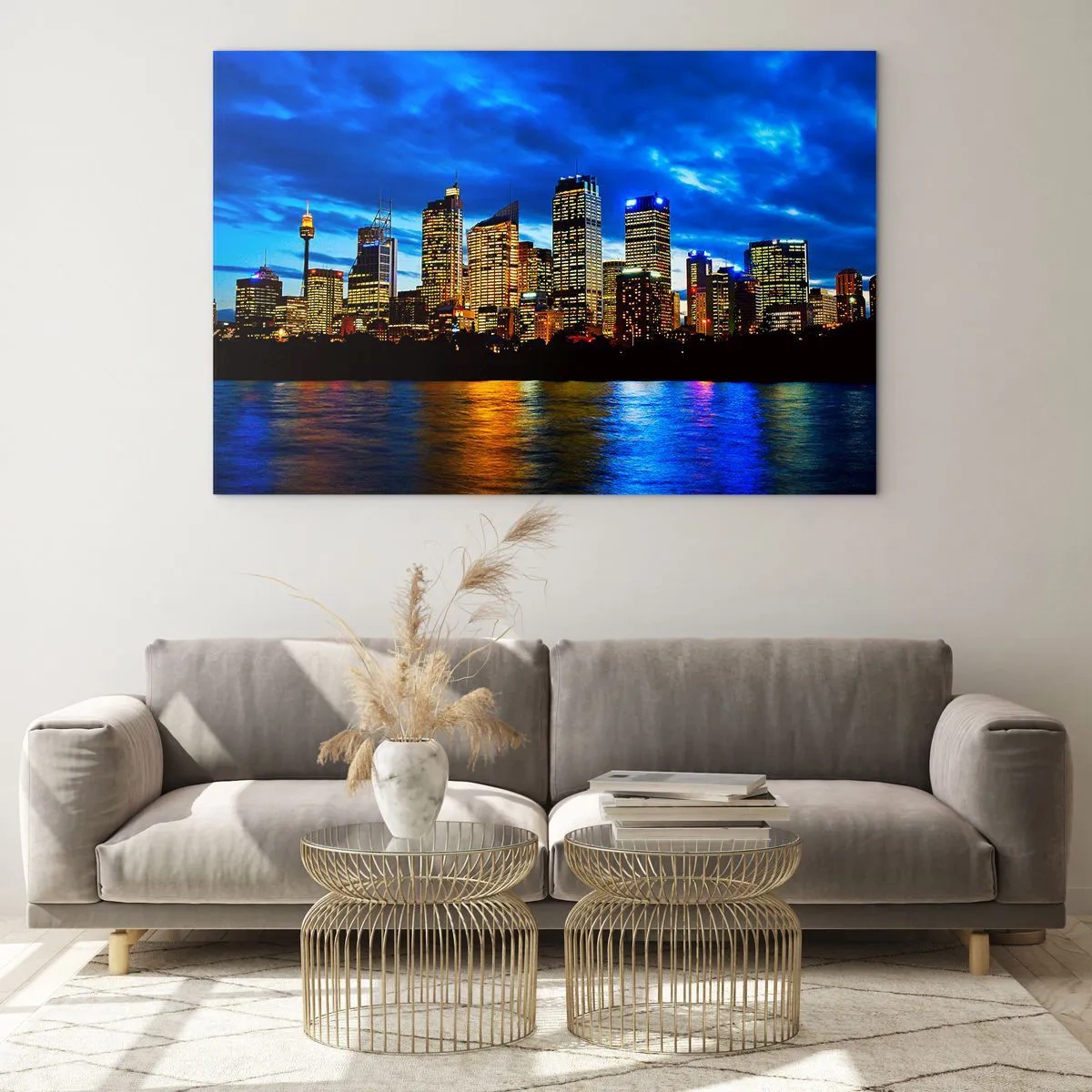Billede på glas - Panorama af natbyen spejlet i vandet - 70x50cm - En nat med lys og farver - Moderne vægdekoration til stue og soveværelse ARTTOR