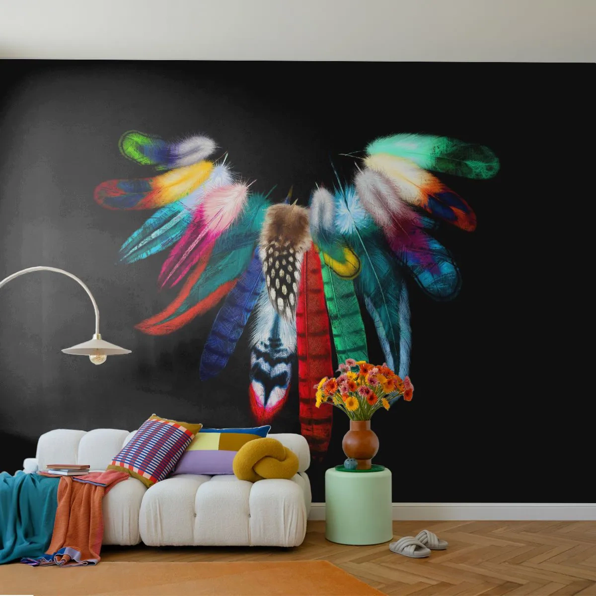 Fototapet Premium Sand - Indisk halskæde - Fuglefjer, Boho, Grafik - 100x70 cm