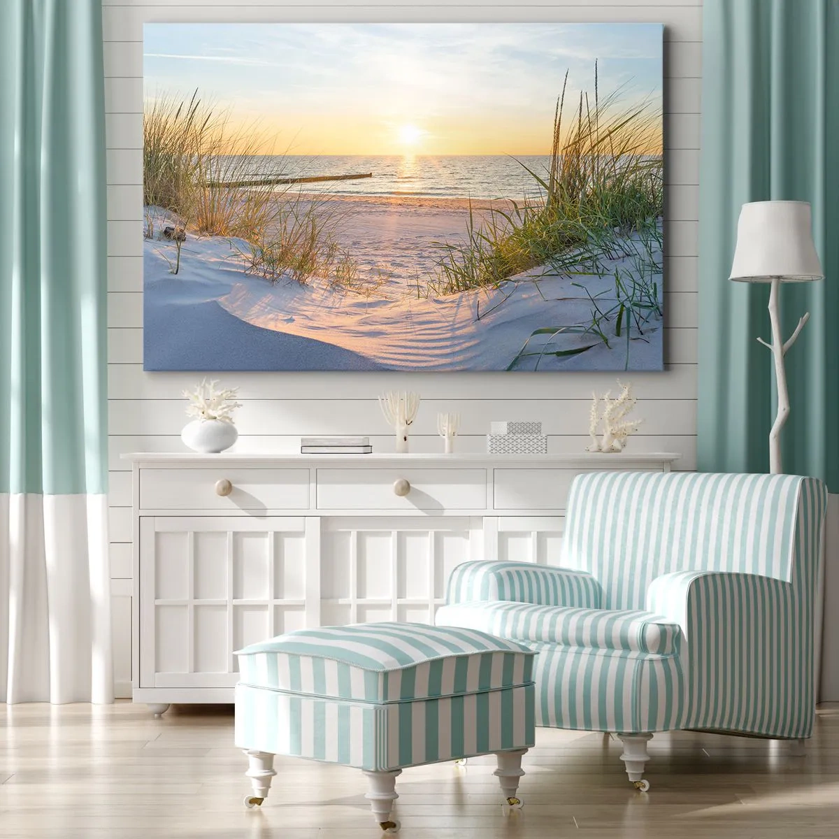 Lærredstryk - Billede på lærred - En sandstrand med udsigt til solnedgangen over havet - 70x50cm - Havet brummer, fuglene synger, en vild strand midt i græsset.... - Moderne vægdekoration til stue og soveværelse ARTTOR