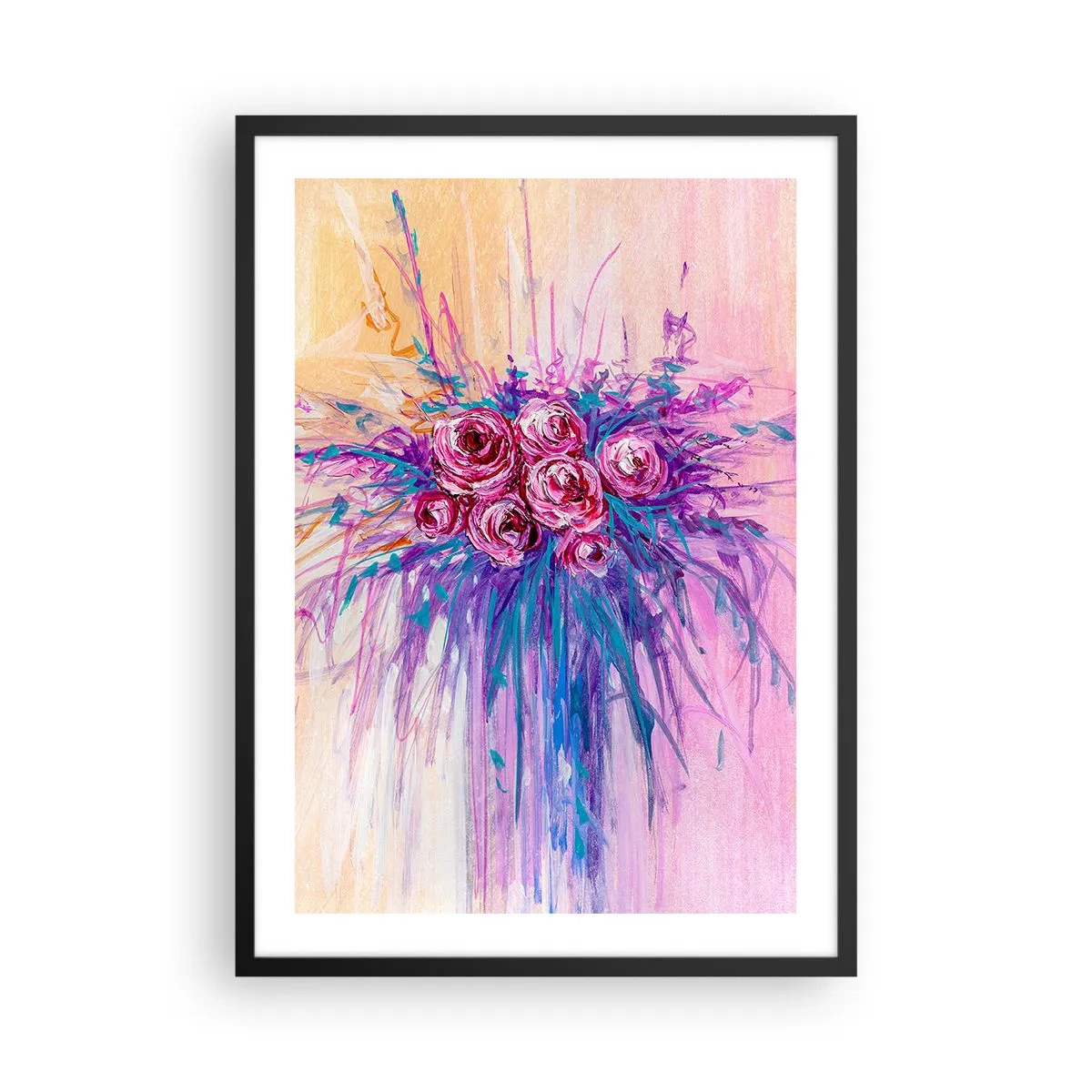 Plakat i sort ramme - Farverige roser på en baggrund i lyserøde nuancer - 50x70cm - Rose springvand - Moderne vægdekoration til stue og soveværelse ARTTOR