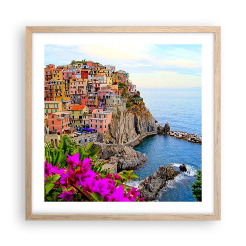 Plakat i ramme af lyst egetræ - En grinende by - 50x50 cm