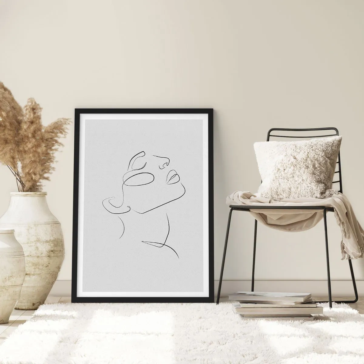 Plakat i sort ramme - Minimalistisk portræt af en kvinde i stregtegningsstil - 50x70cm - En drømmes slyngninger - Moderne vægdekoration til stue og soveværelse ARTTOR