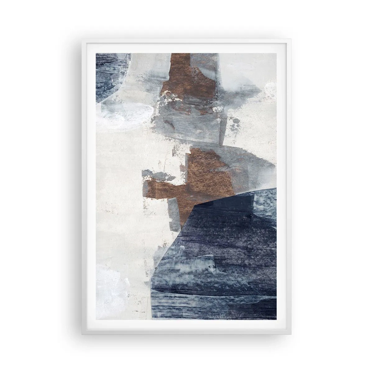 Plakat i hvid ramme - Blåbrune former - 70x100 cm