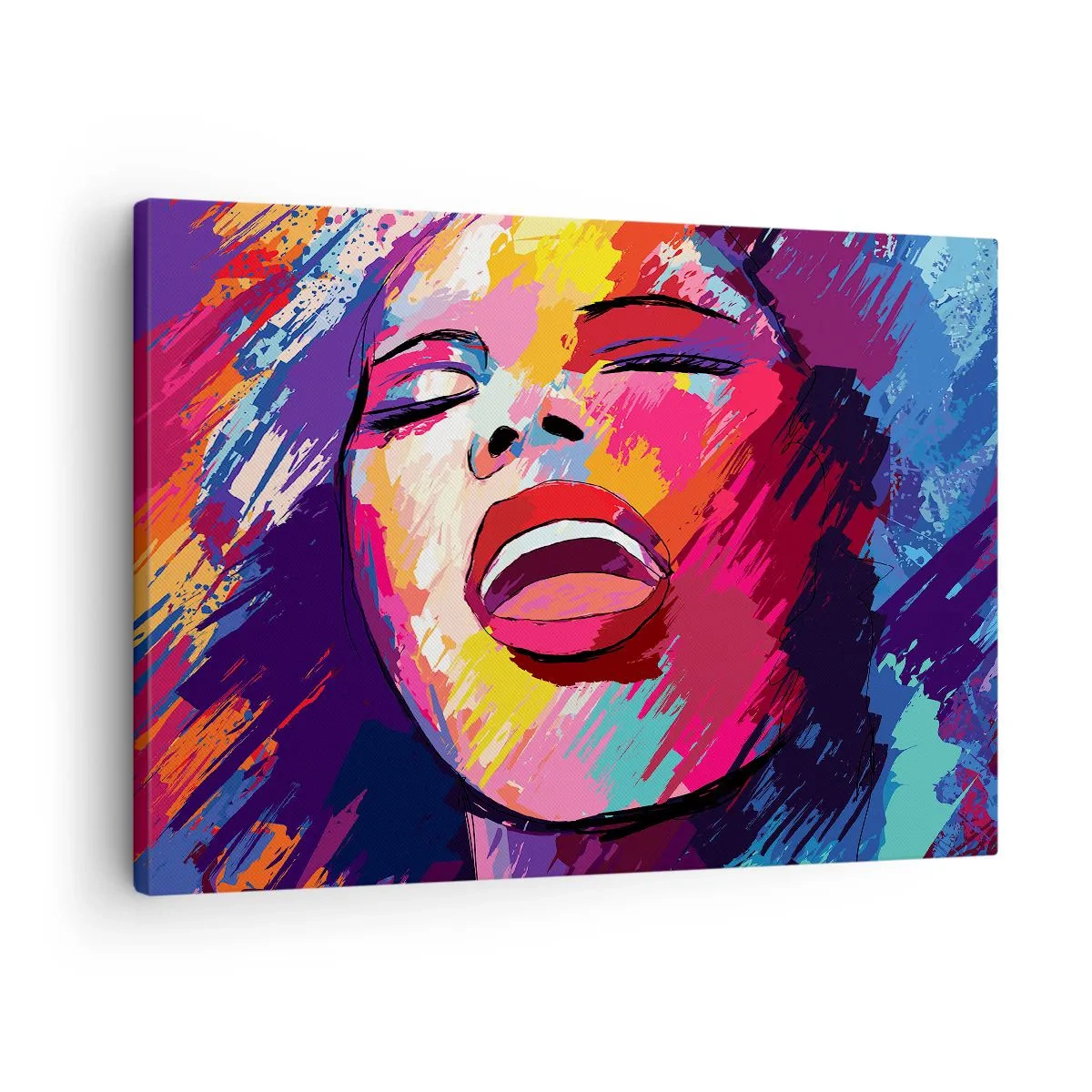 Lærredstryk - Billede på lærred - Abstrakt portræt af en kvinde i levende farver - 70x50cm - Syng hele livet - Moderne vægdekoration til stue og soveværelse ARTTOR