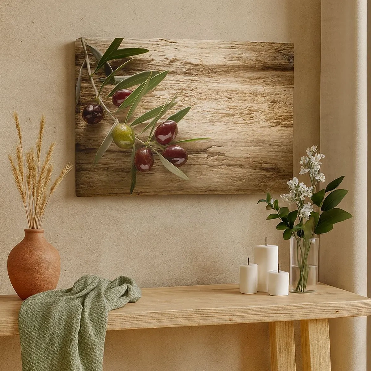 Lærredstryk - Billede på lærred - Olivengren med frugt på en baggrund af ældet træ - 70x50cm - Lige fra naturen - Moderne vægdekoration til stue og soveværelse ARTTOR