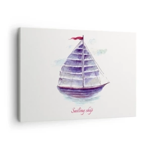 Lærredstryk - Billede på lærred - Et akvarelmaleri af en sejlbåd på vandet med en delikat indskrift - 70x50cm - Fulde sejl og roligt vand - Moderne vægdekoration til stue og soveværelse ARTTOR