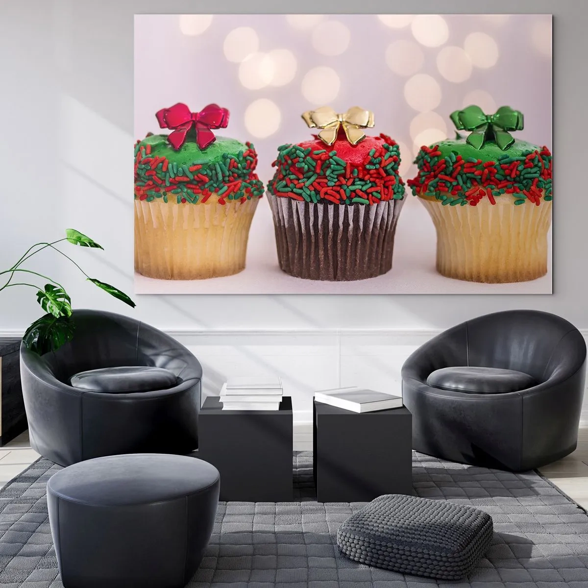 Billede på glas - Julecupcakes med sløjfedekorationer - 70x50cm - Slik i buen - Moderne vægdekoration til stue og soveværelse ARTTOR